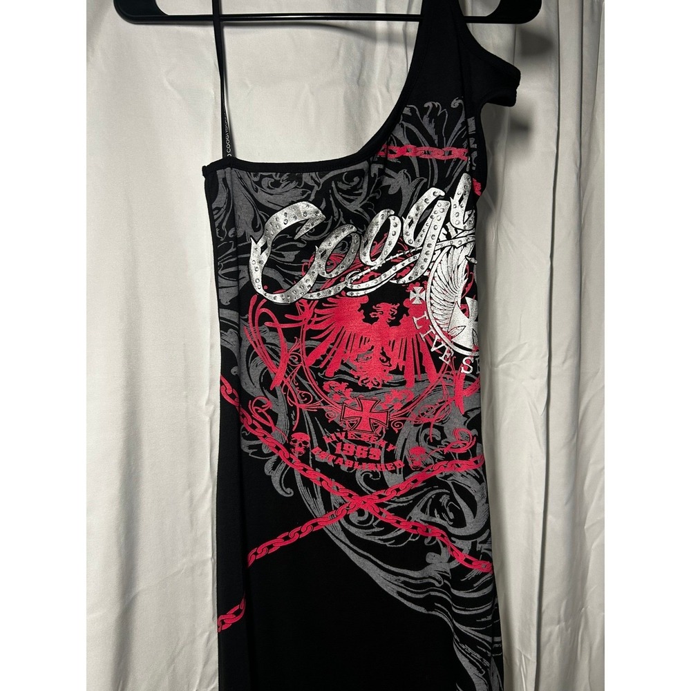 Coogi Womens One Shoulder Maxi Dress Black Pink Graphic Rhinestone Y2K M - Picture 3 of 10